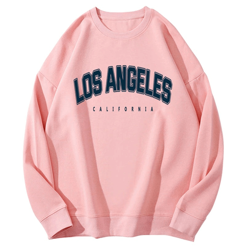 Pink women's sweatshirt with 'Los Angeles California' graphic print, featuring O-neck collar and full sleeves, perfect for cozy style.